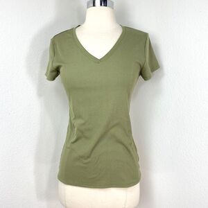 No Boundaries Olive Green Basic Ribbed T Shirt Top M 7-9 Short Sleeves V-Neck
